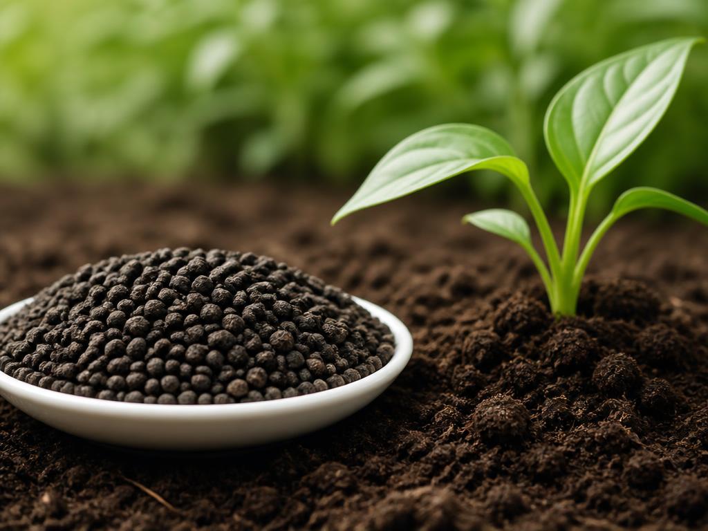 Organic fertilizer granules beside agricultural soil and a healthy crop seedling