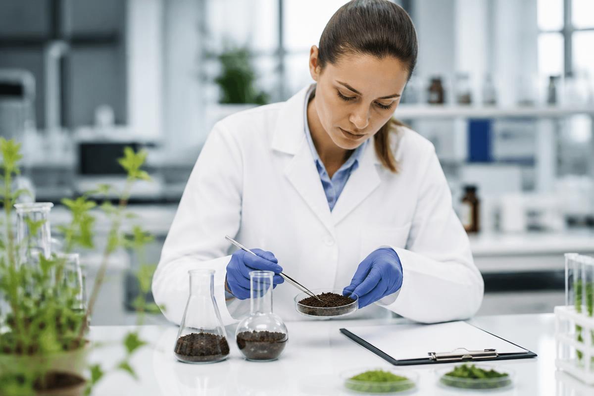 Agricultural quality control laboratory with soil and plant samples being examined